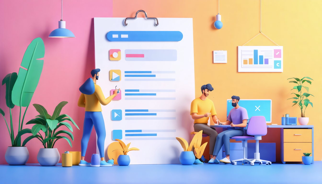 Animated scene of three people discussing short term rental pricing tools in a colorful office with a large checklist.