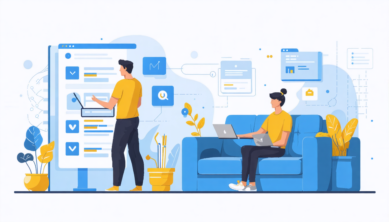 Two people in a bright room, one using a laptop on a blue sofa, another at a screen. Concept of improving Airbnb response rate.