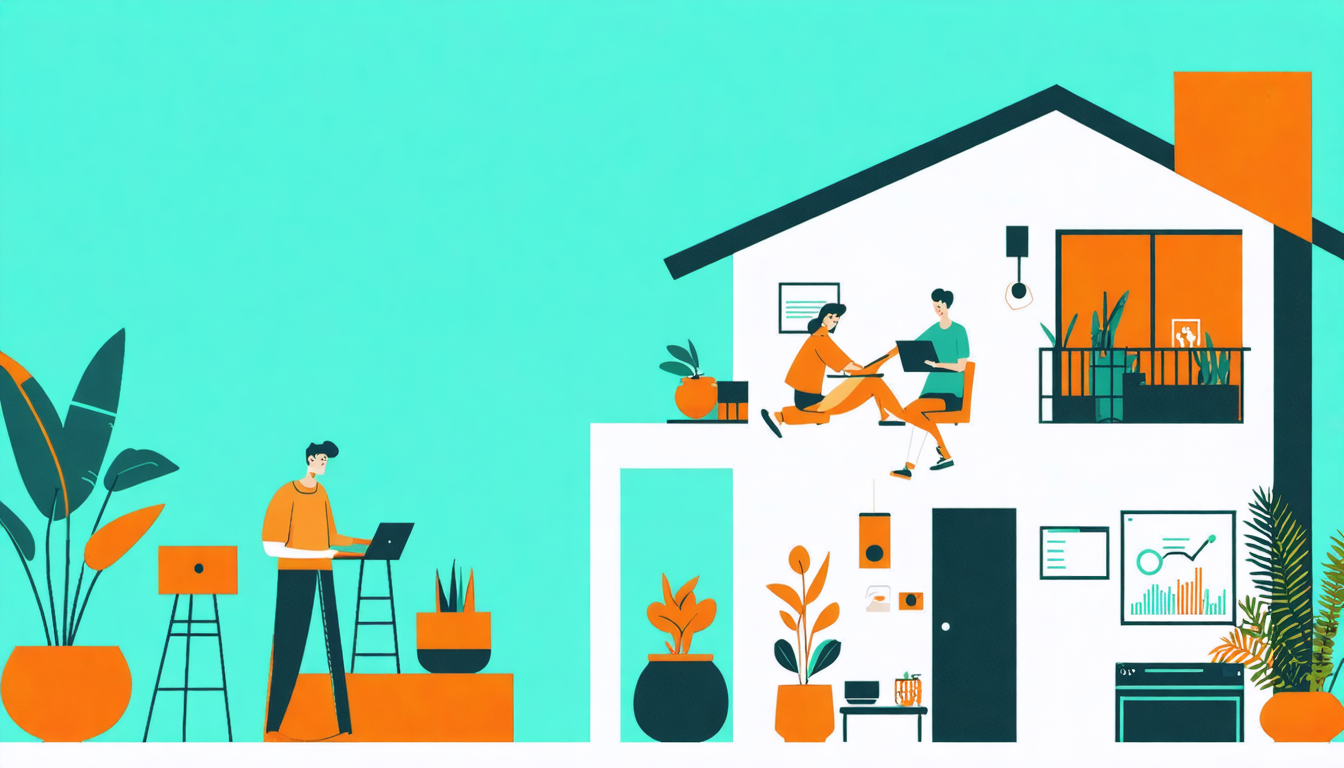 Illustration of people using laptops in a modern home, symbolizing how to be a part-time host on Airbnb.