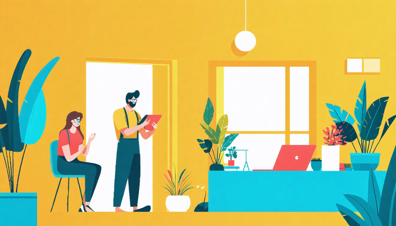 Modern office scene with two people discussing switching property management software, surrounded by plants and bright decor.
