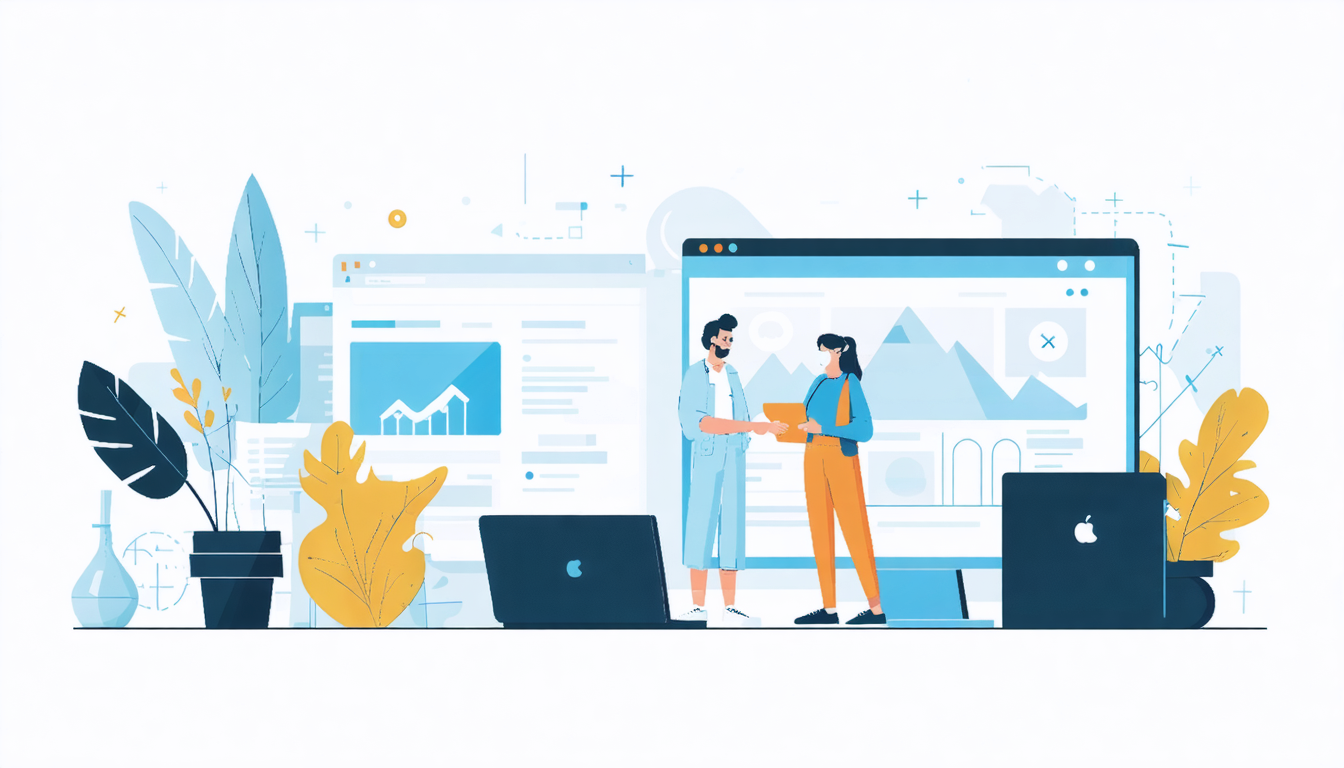 Illustration of two people shaking hands, with digital graphs and plants, symbolizing Airbnb lead generation and collaboration.