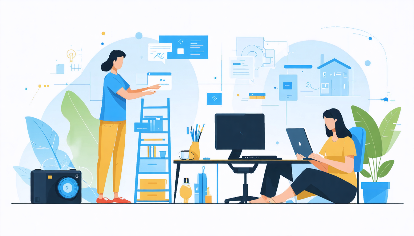 Illustration of two people working with digital tools, symbolizing Airbnb property management leads and online collaboration.