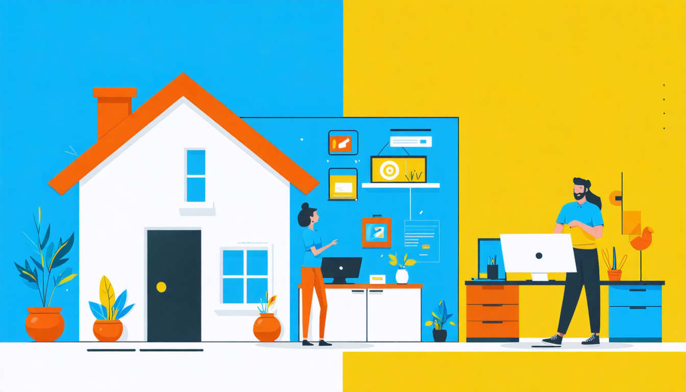 Illustration of a house with people working, highlighting Airbnb signs for guests. Bright colors and modern design elements.