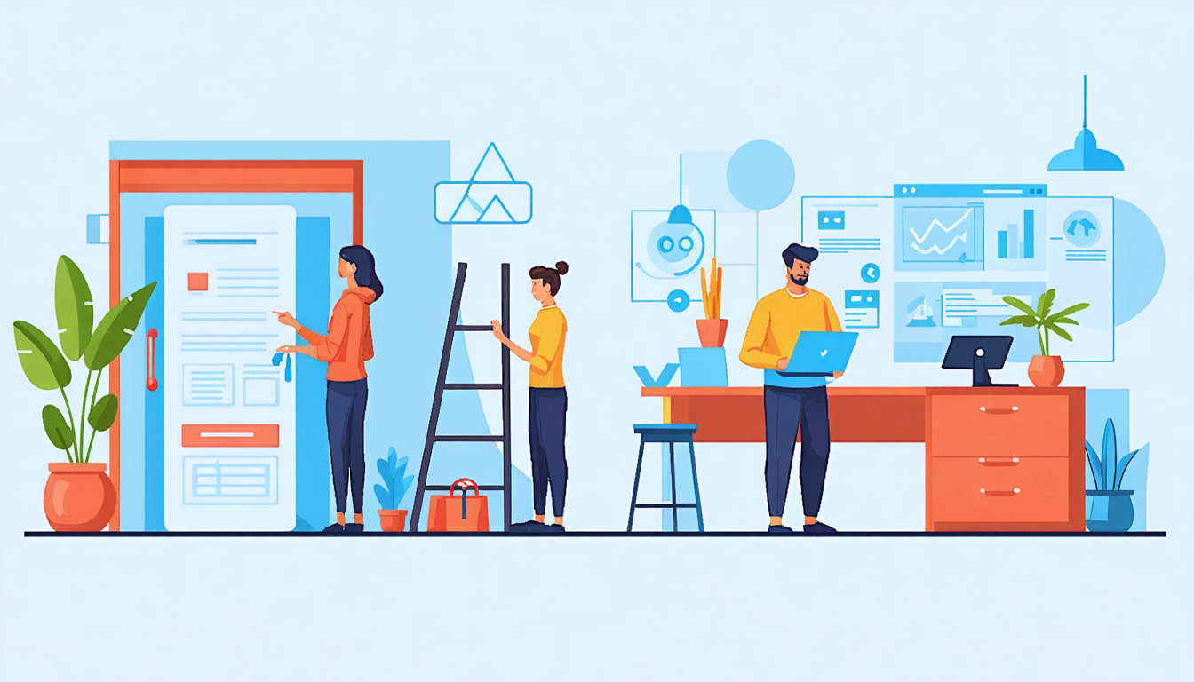 Illustration of people working with charts and laptops, symbolizing strategies for scaling Airbnb business growth.