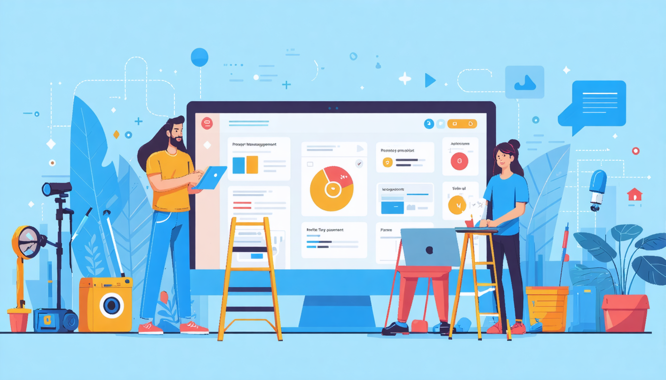 Illustration of two people managing an Airbnb listing on a large screen. Keywords: how much time does it take to manage an Airbnb.