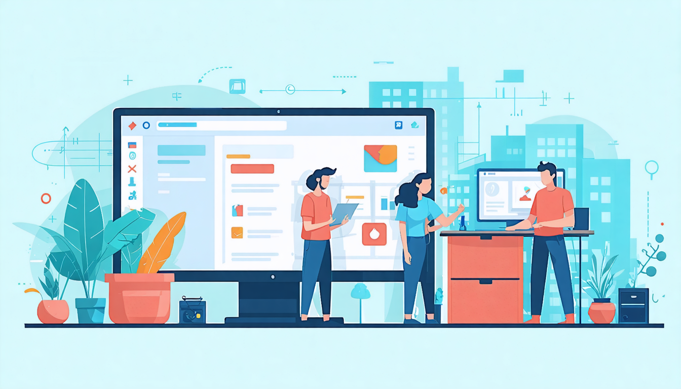 Illustration of people discussing short term rental taxes, using large screens and digital devices in a modern office setting.