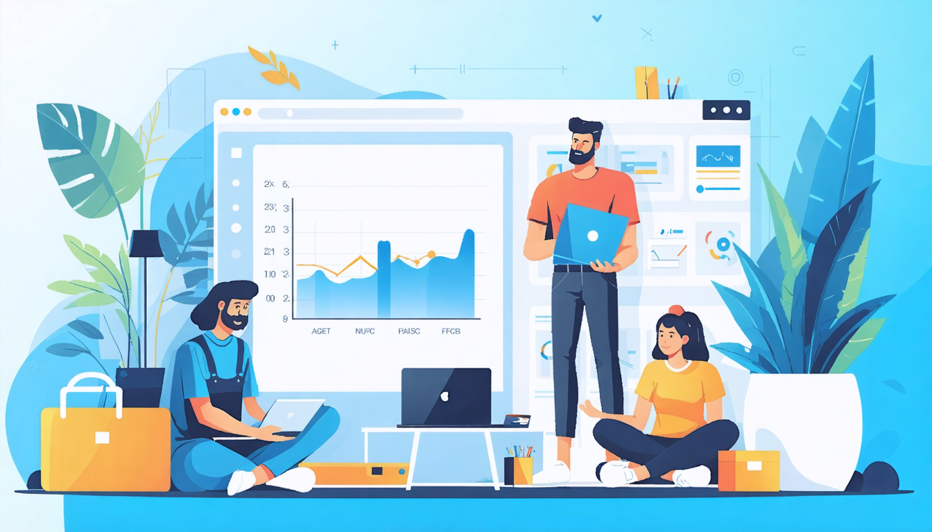 Three people discuss Airbnb tax reporting, surrounded by graphs and laptops. The scene is filled with plants and office decor.