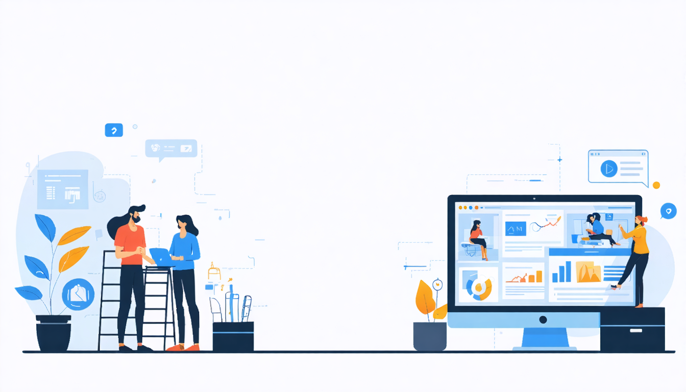 Illustration of people discussing and analyzing charts on a computer, symbolizing Airbnb tax deductions and financial planning.
