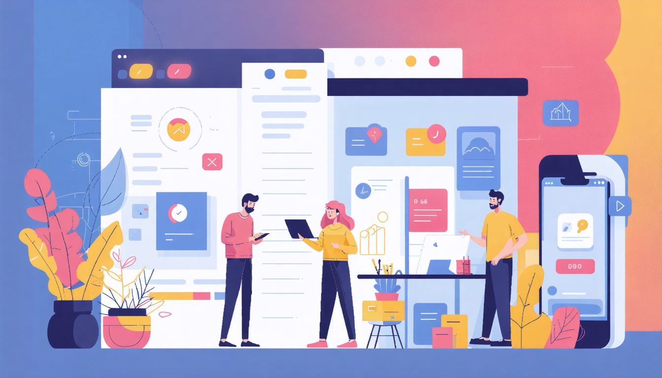 Illustration of people discussing financial data on screens, symbolizing Airbnb income tax management and digital tools.