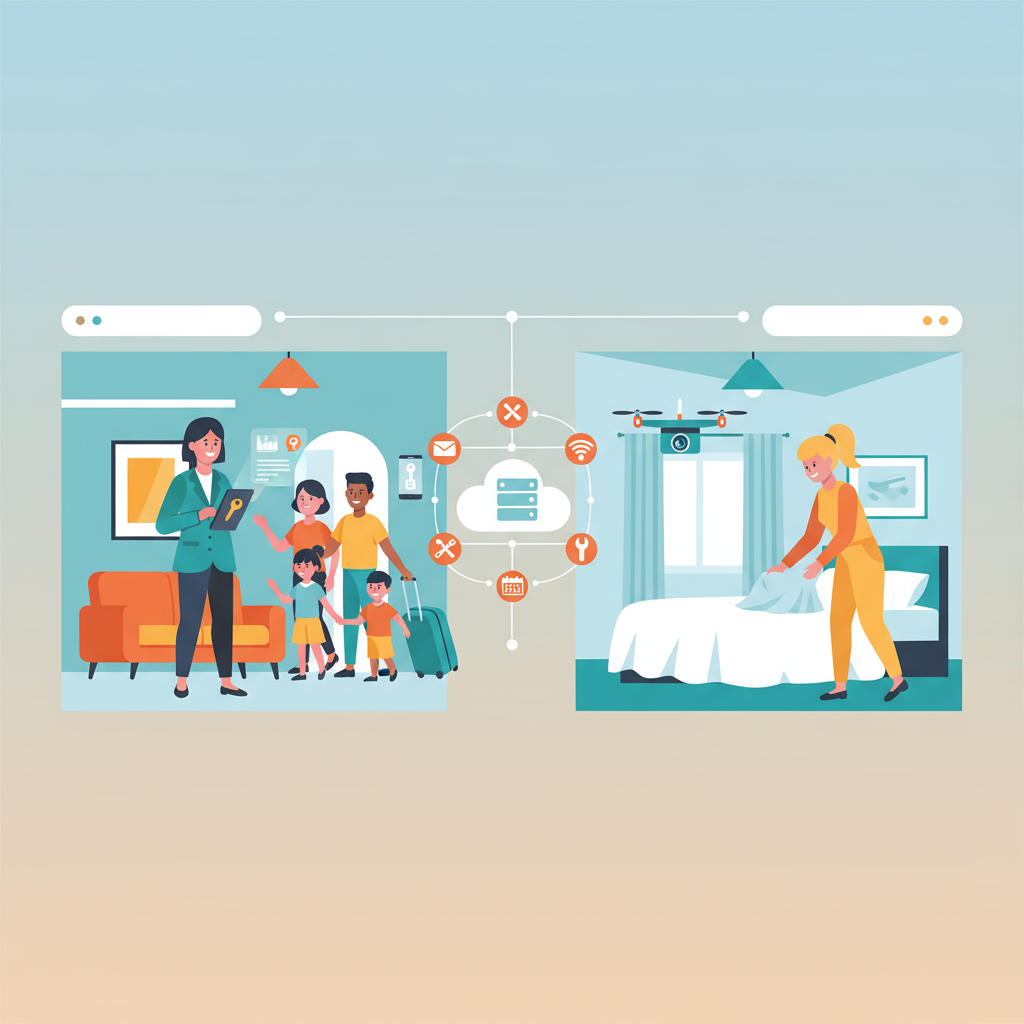 Illustration depicting the Airbnb onboarding process: a host welcomes guests and a cleaner prepares a room for arrival.