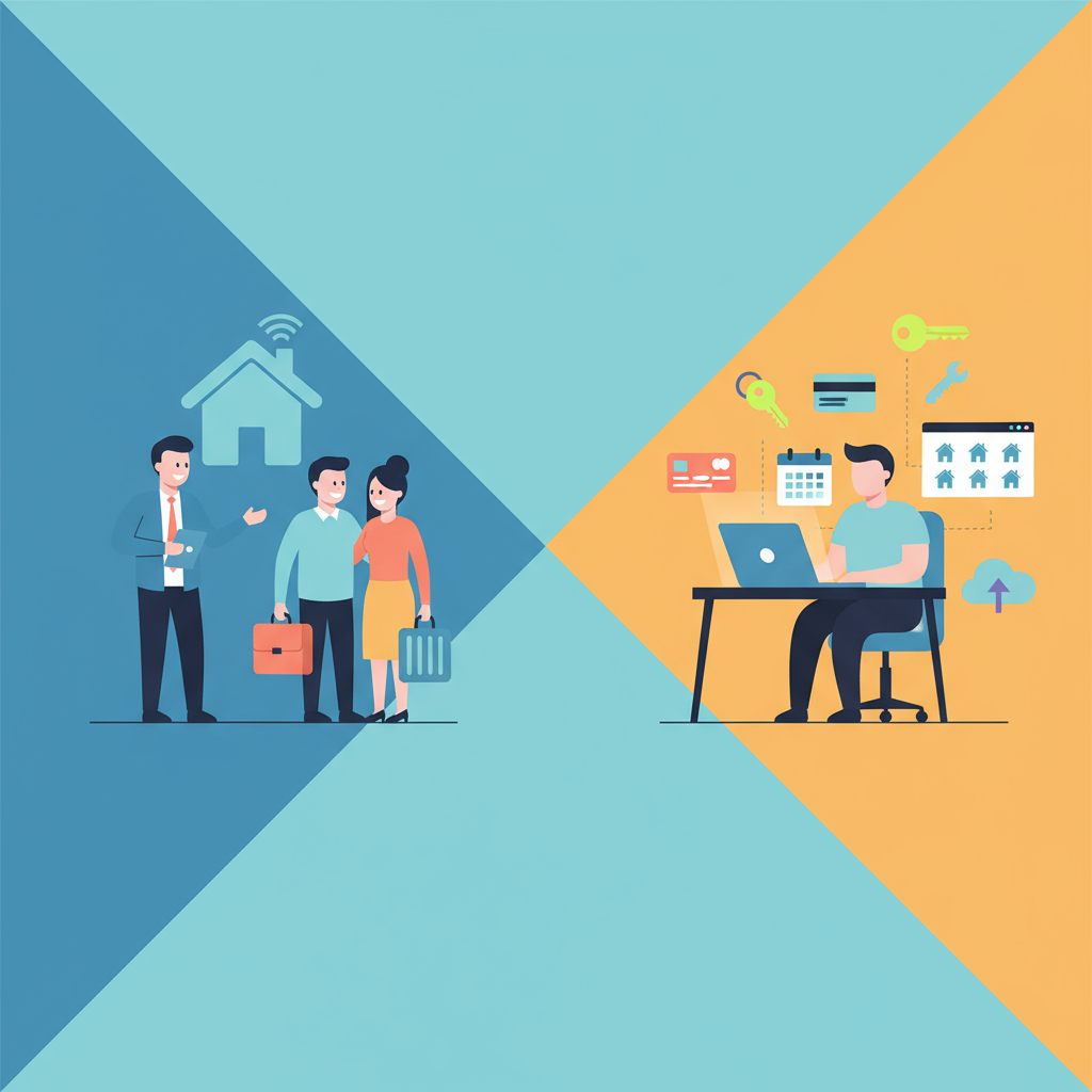 Illustration of a couple checking into a hotel and a man managing bookings online, highlighting occupancy-based pricing.