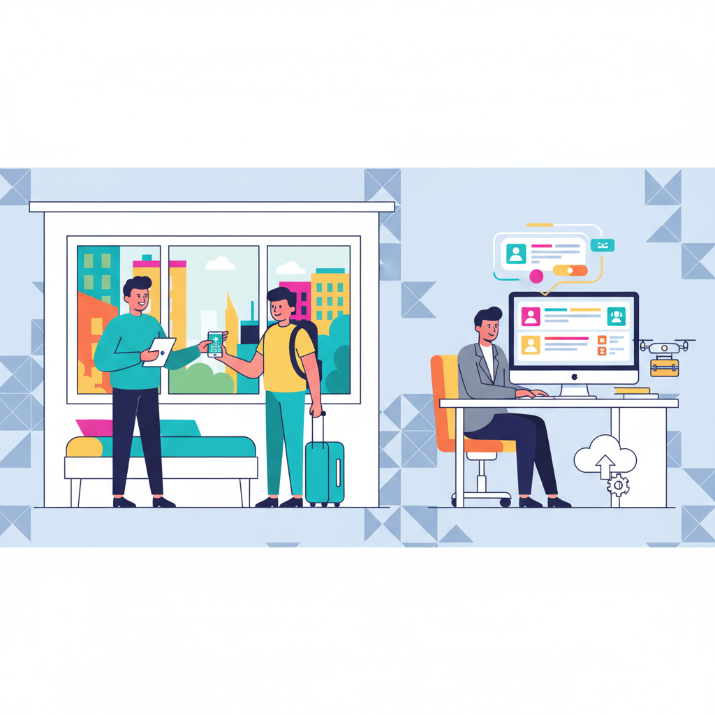 Illustration of two scenes: a guest checking in with a host, and a person writing Airbnb sample reviews on a computer.