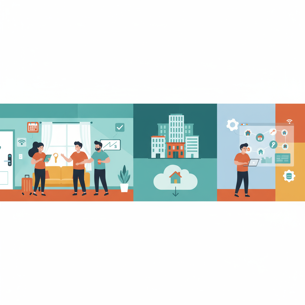 Illustration of people discussing vacation rental pricing factors, with icons of buildings, cloud storage, and digital tools.