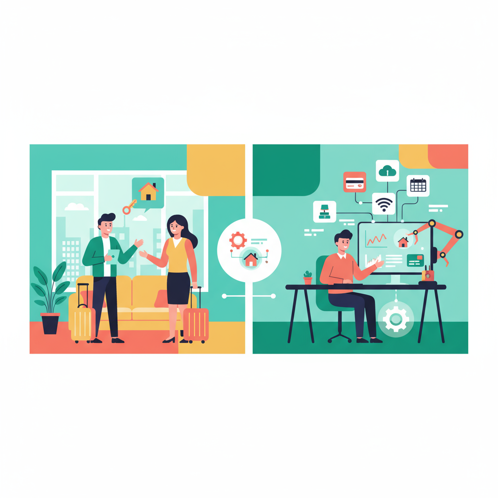 Illustration of an Airbnb host welcoming guests and managing tasks online, highlighting Airbnb host support services.