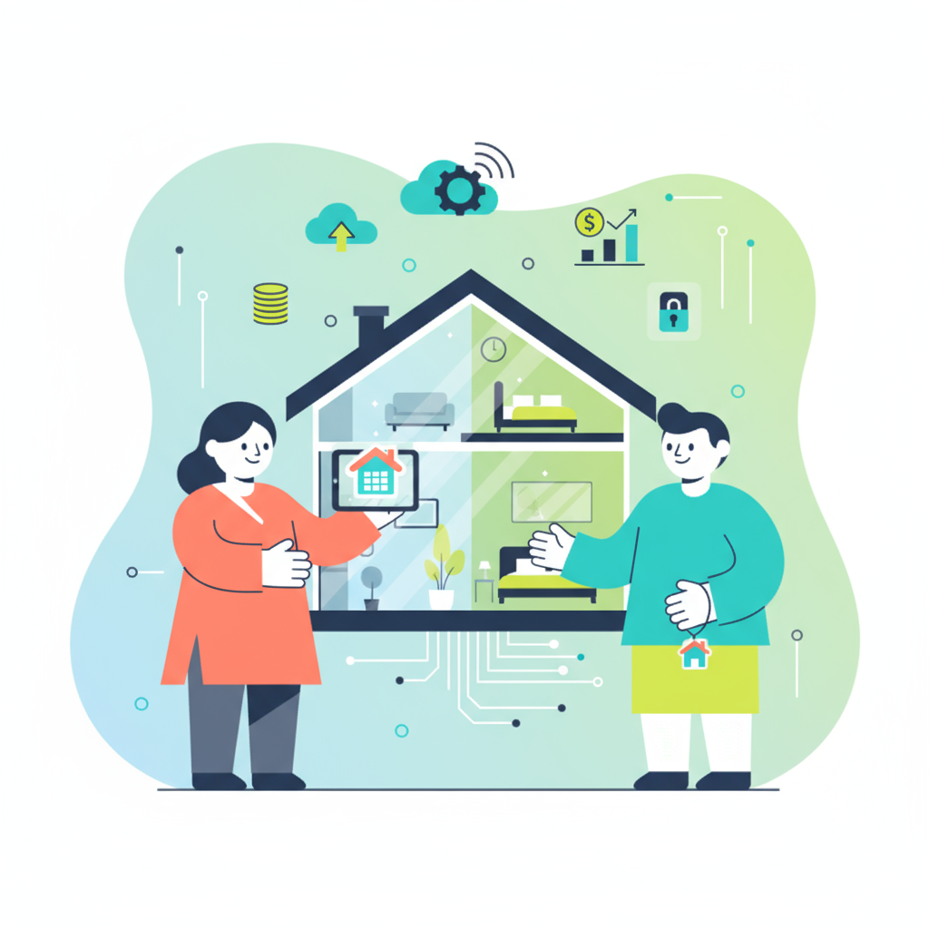 Two people discussing Airbnb hosting in a stylized house setting with icons representing technology and finances.