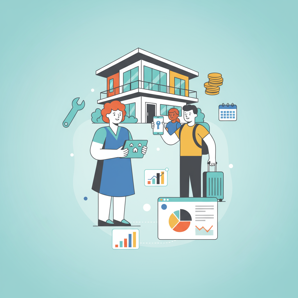 Illustration of people booking self-catering accommodation online, with graphs, a key, and a house in the background.