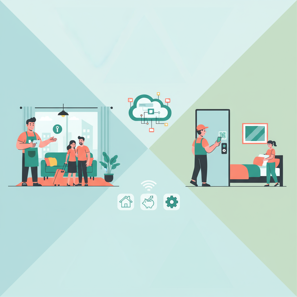 Illustration of Airbnb hosts and guests, smart home technology, and management icons. Concept of optimizing square footage.