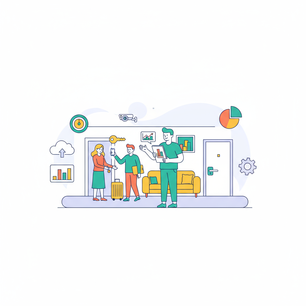 Illustration of guests checking into an Airbnb with unique accommodation selling points, highlighting key features and amenities.
