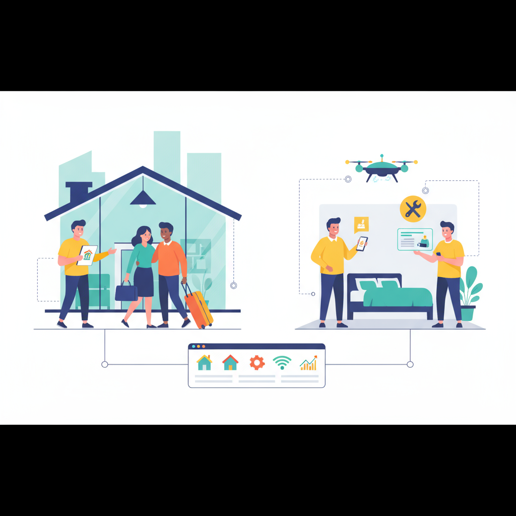Illustration of Airbnb smart pricing: guests arrive at a property, while hosts manage settings and bookings remotely.
