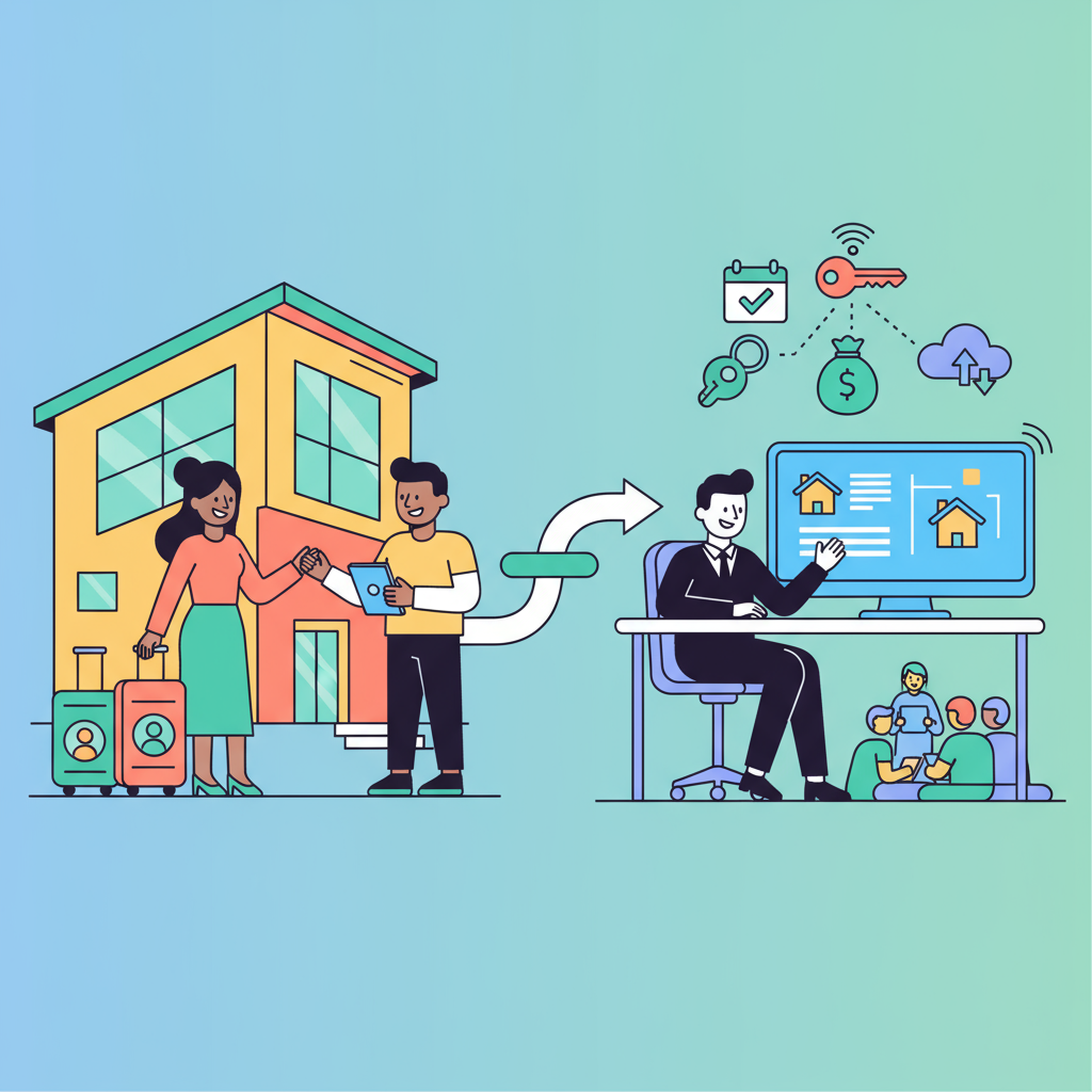 Illustration showing guests at a rental property and a host managing bookings and reviews online. Keywords: Airbnb host reviews.