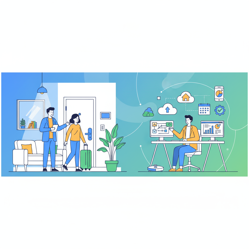 Illustration of travelers entering a rental and a person managing data, highlighting best vacation rental insurance.