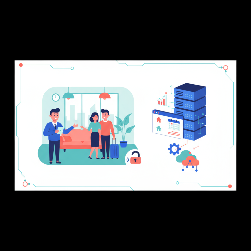 Illustration of people in a living room and digital icons, representing how to become an Airbnb host without owning property.