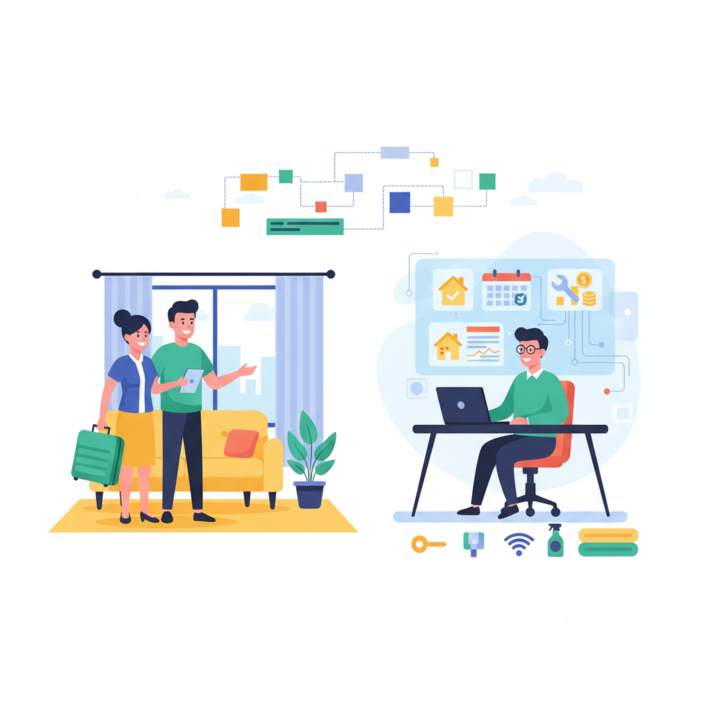 Illustration of Airbnb hosts welcoming guests, managing bookings online. Concept: how much do Airbnb hosts make.