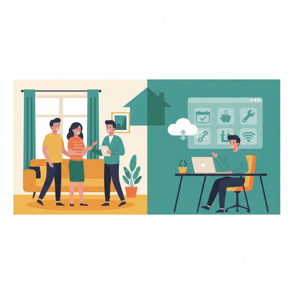 Illustration of people discussing and a person using a laptop, representing best guidebook solutions for vacation rentals.