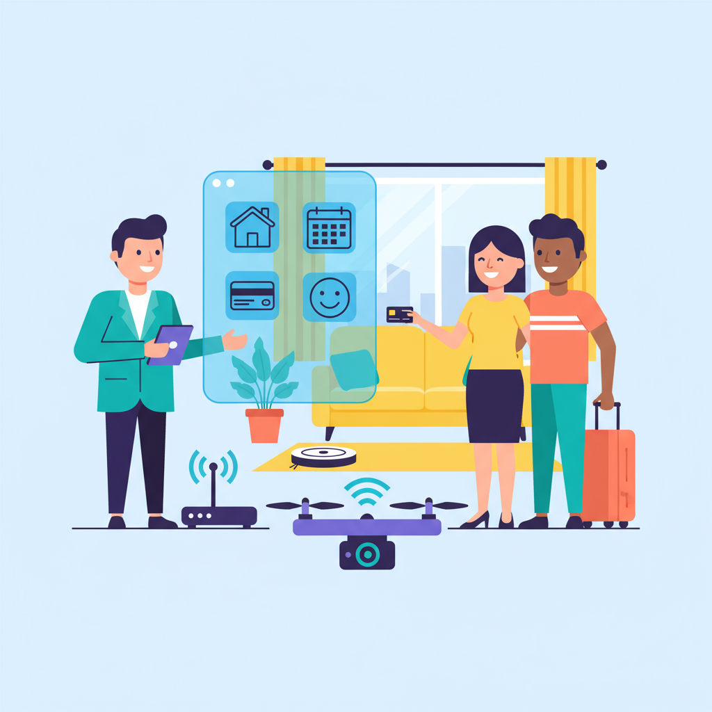 Illustration of a smiling couple with luggage, and a man holding a tablet. Icons display an Airbnb host checklist in the room.