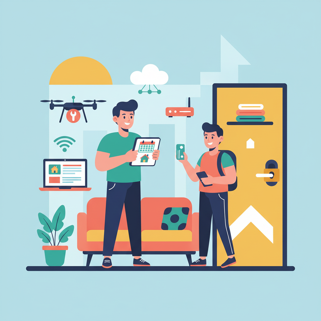 Illustration of two people in a smart home setting, using devices with icons like drones and Wi-Fi. Airbnb house rules template theme.