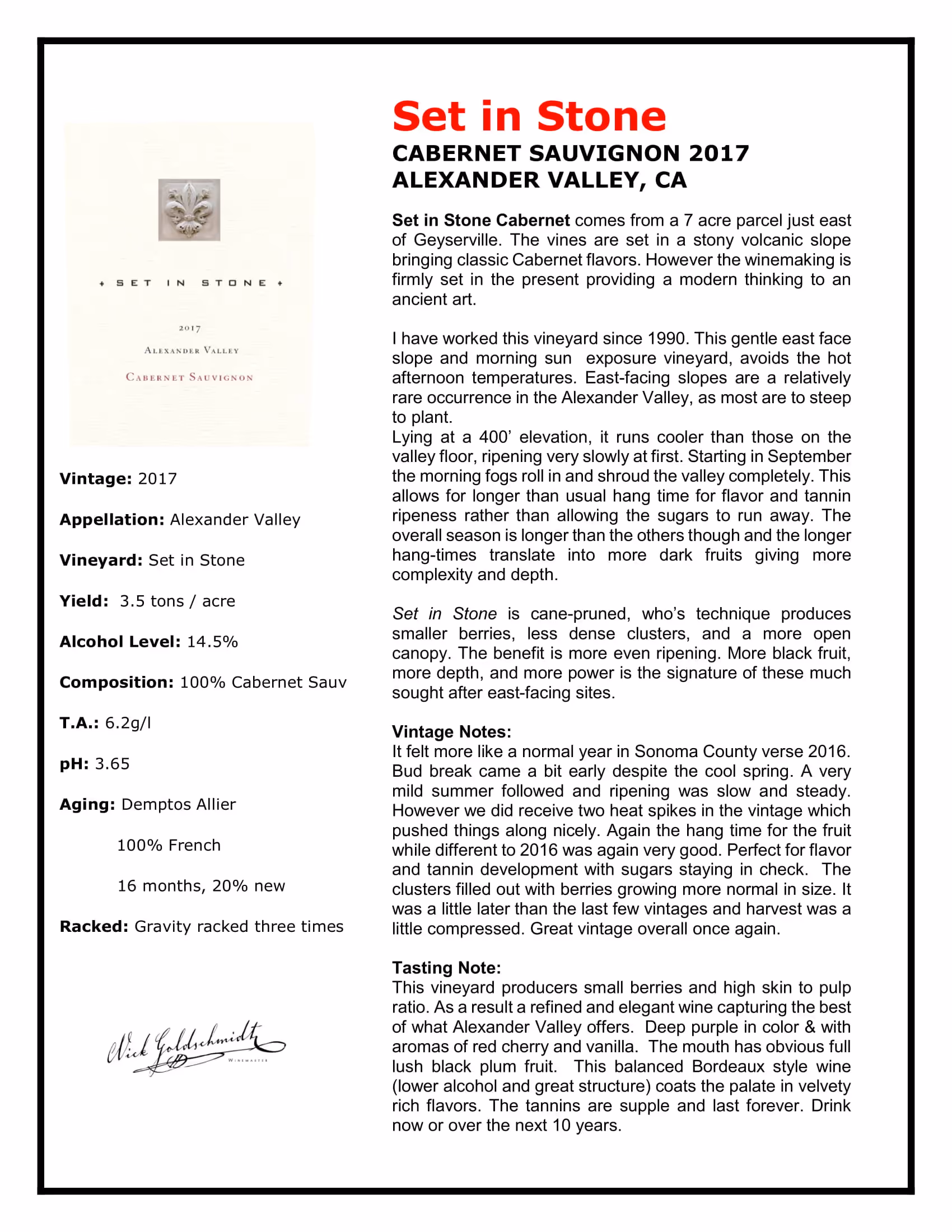 Set In Stone Cabernet Sauvignon Tech Sheets preview