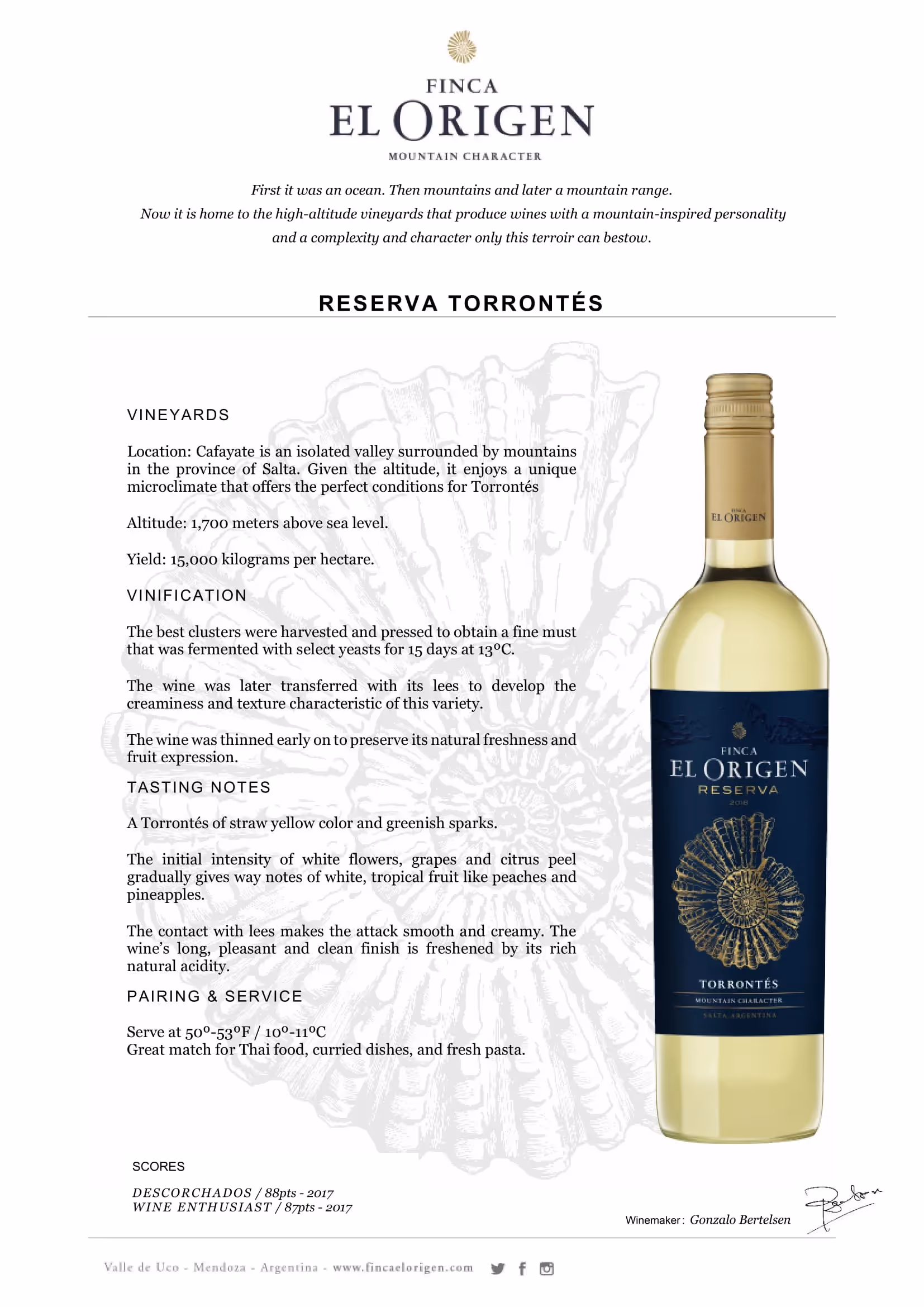 Finca El Origen Reserva Torrontés Tech Sheets preview