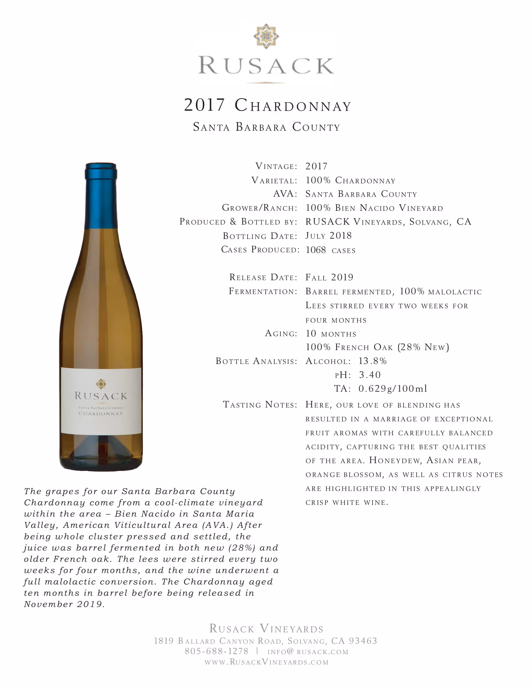 Rusack Vineyards Chardonnay Santa Barbara County Tech Sheets preview