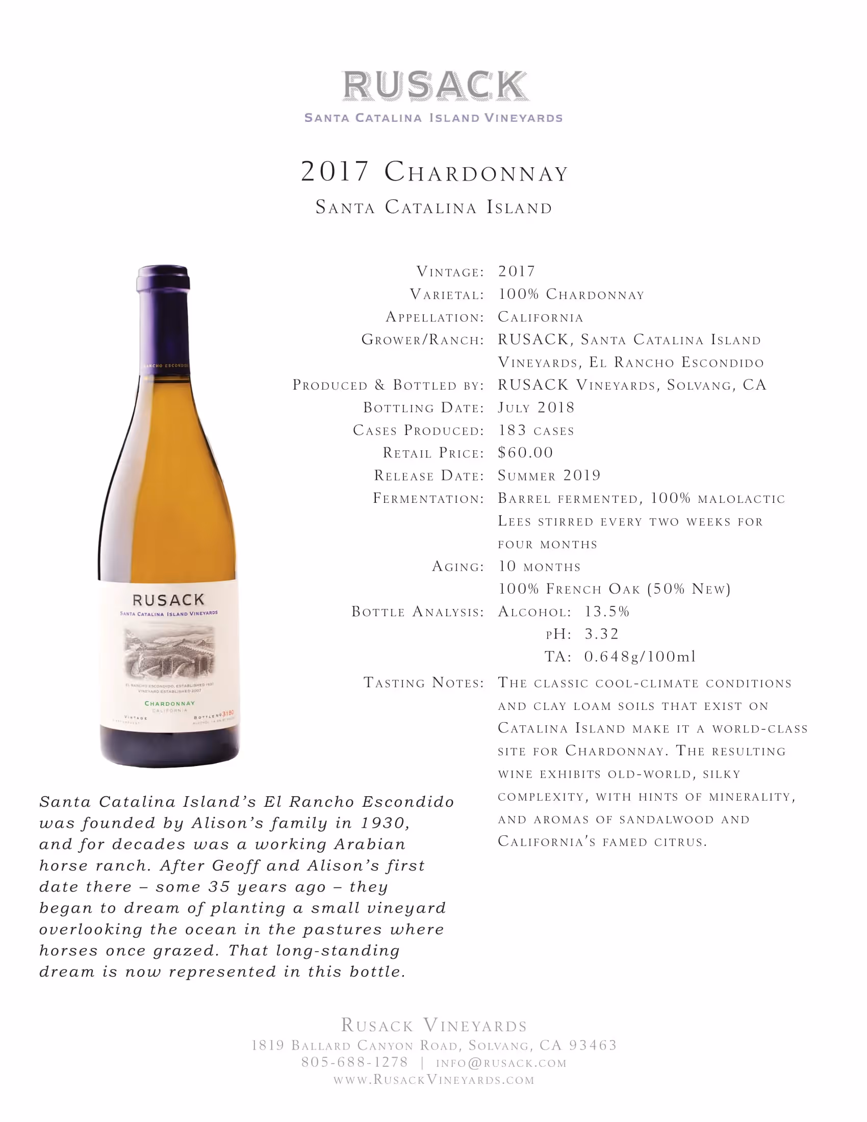 Rusack Vineyards Chardonnay Santa Catalina Island Tech Sheets preview