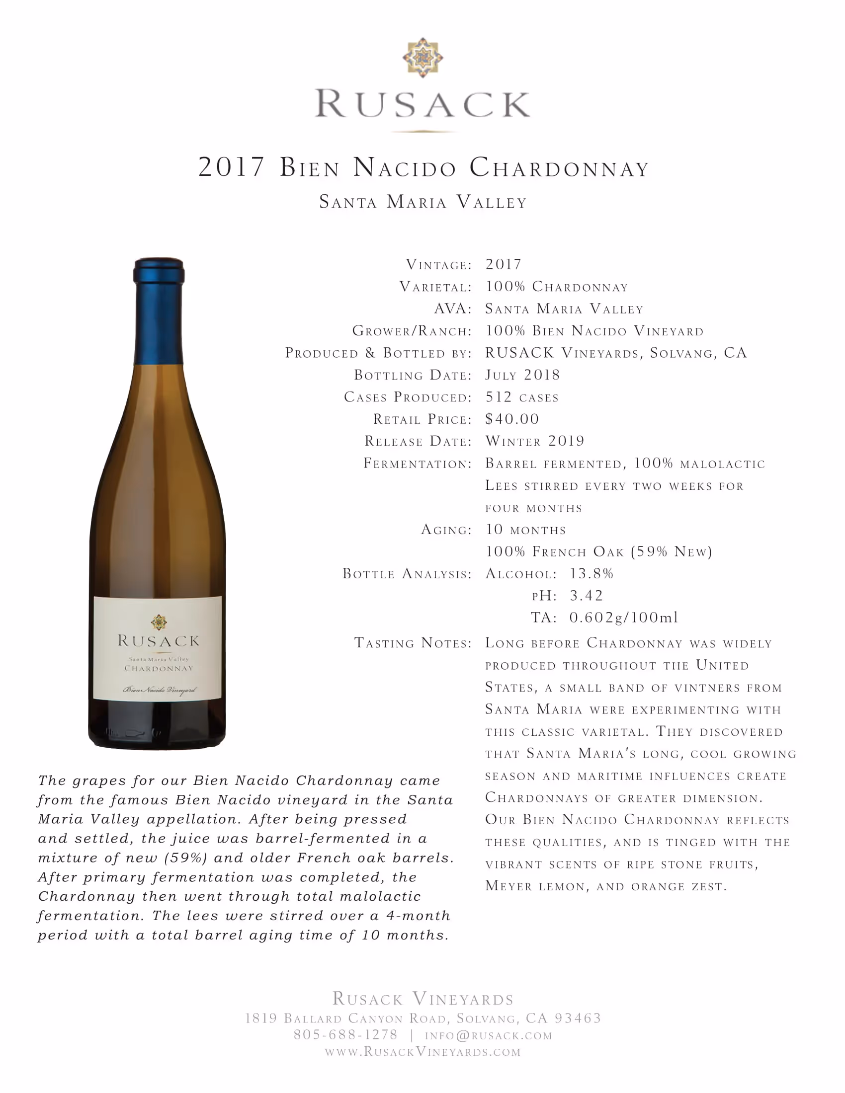 Rusack Vineyards Nien Nacido Chardonnay Tech Sheets preview