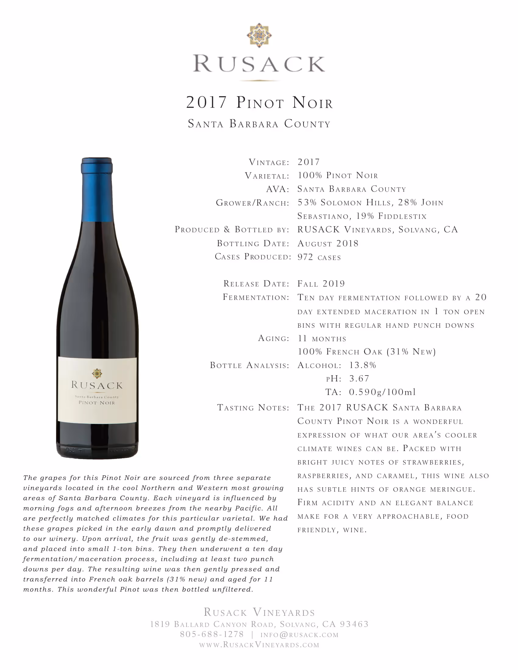Rusack Vineyards Pinot Noir Santa Barbara County Tech Sheets preview