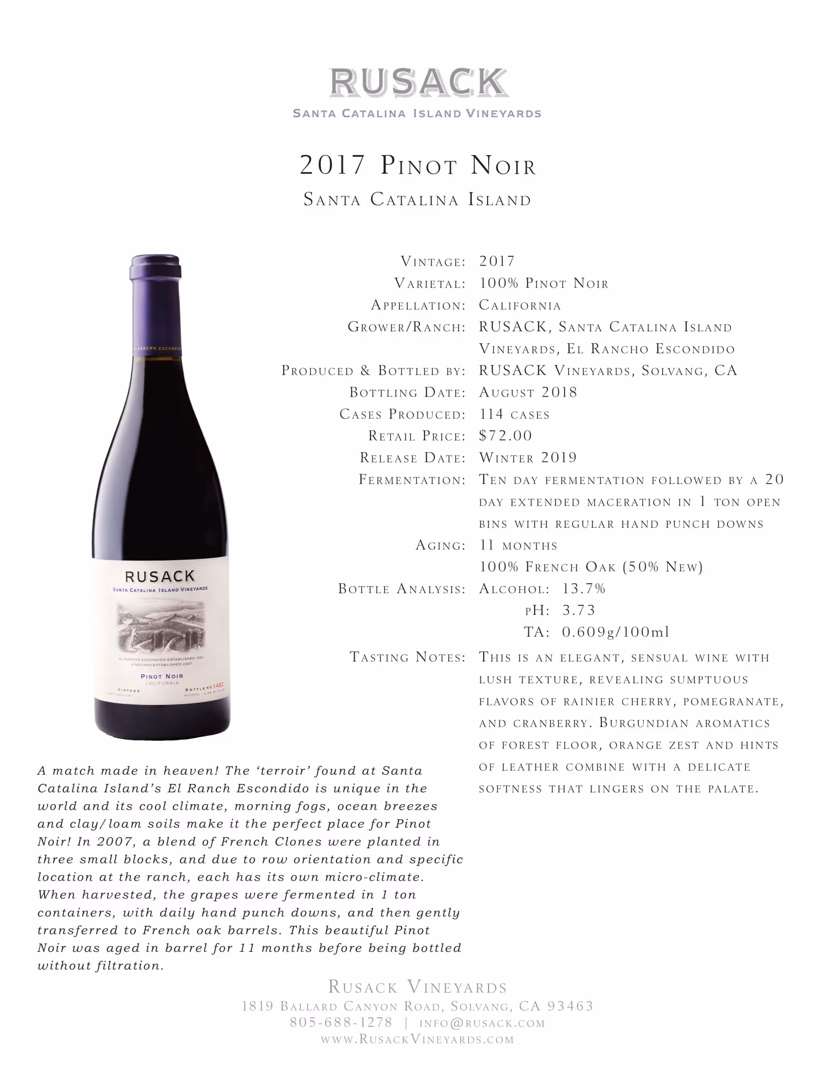 Rusack Vineyards Pinot Noir Santa Catalina Island Tech Sheets preview