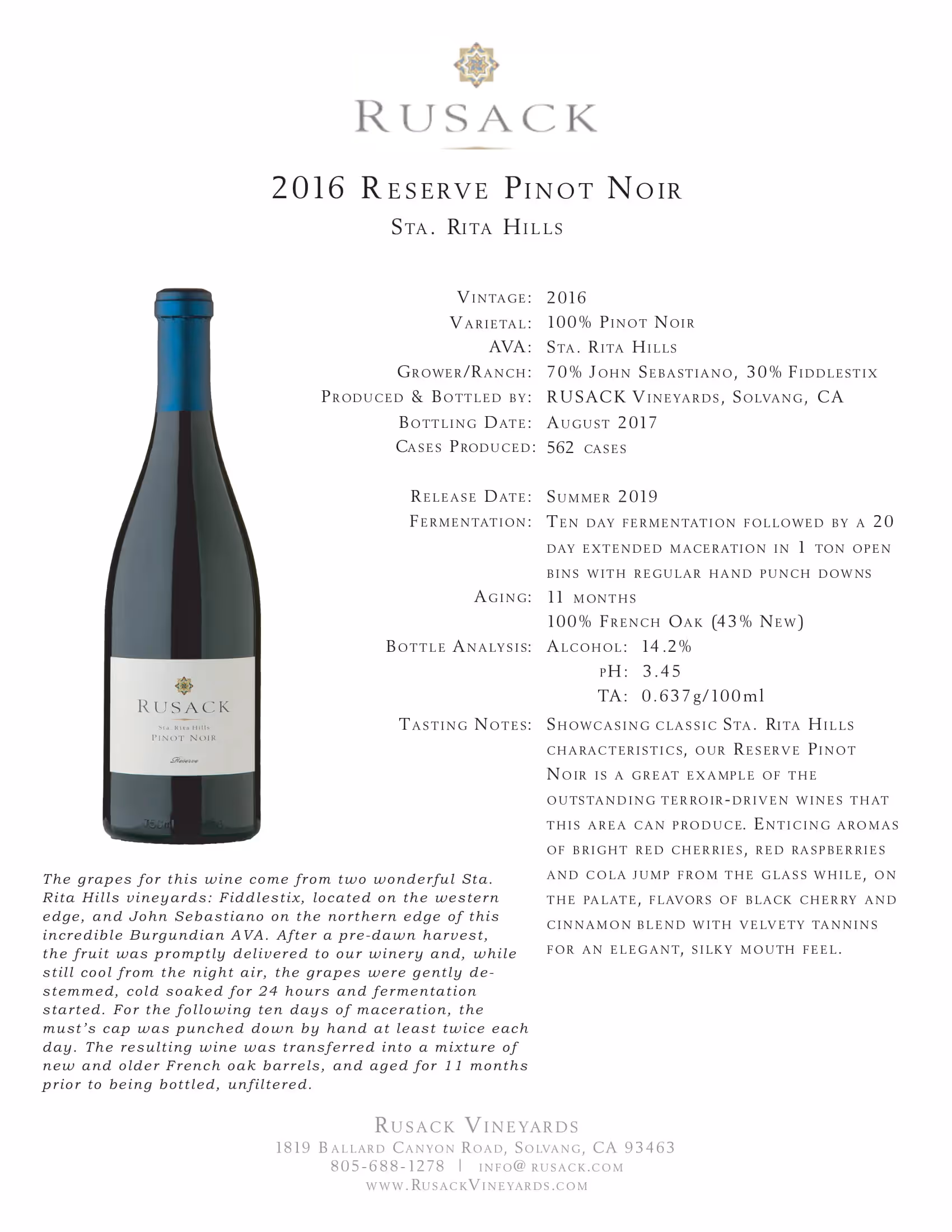 Rusack Vineyards Pinot Noir Sta Rita Hills Reserve Tech Sheets preview