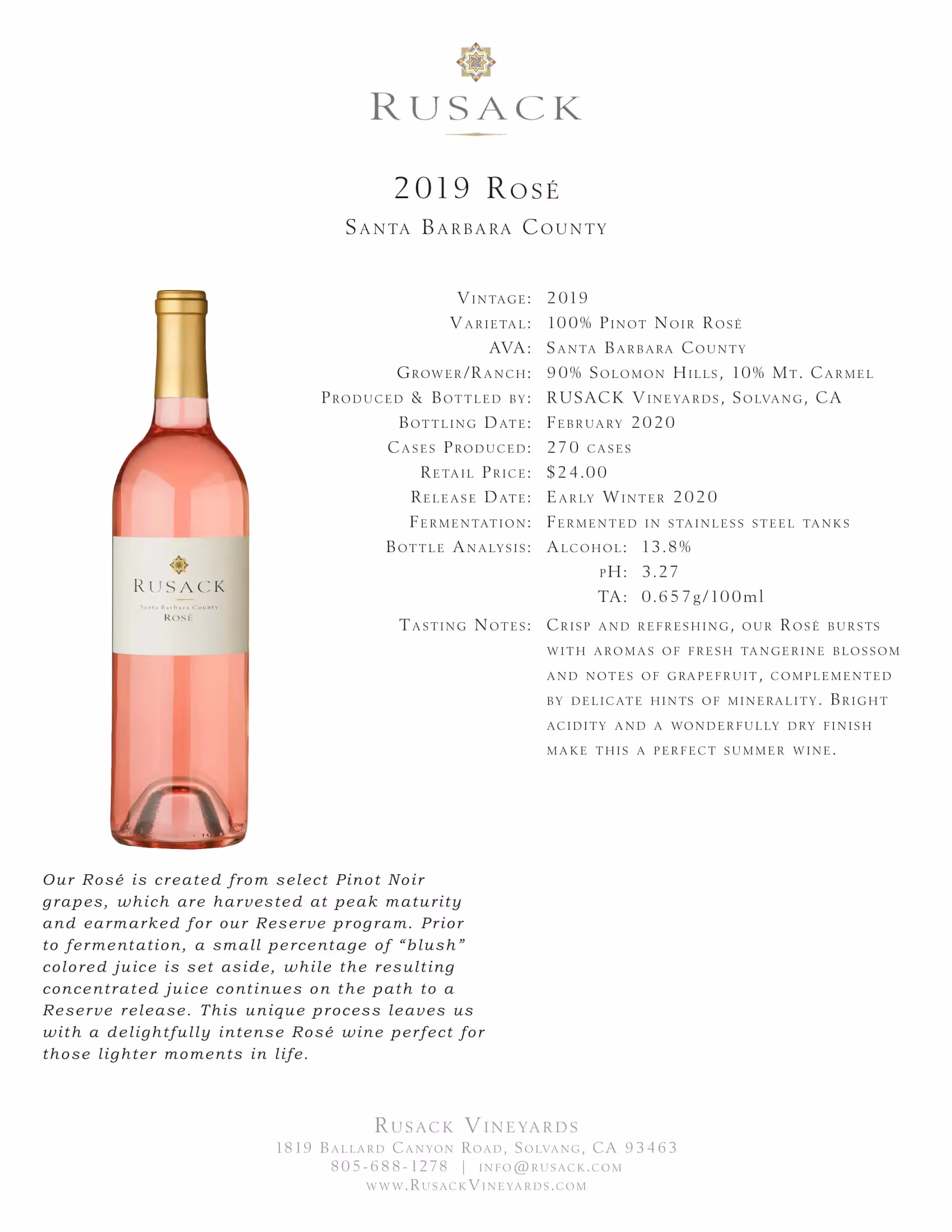 Rusack Vineyards Rosé Santa Barbara County Tech Sheets preview