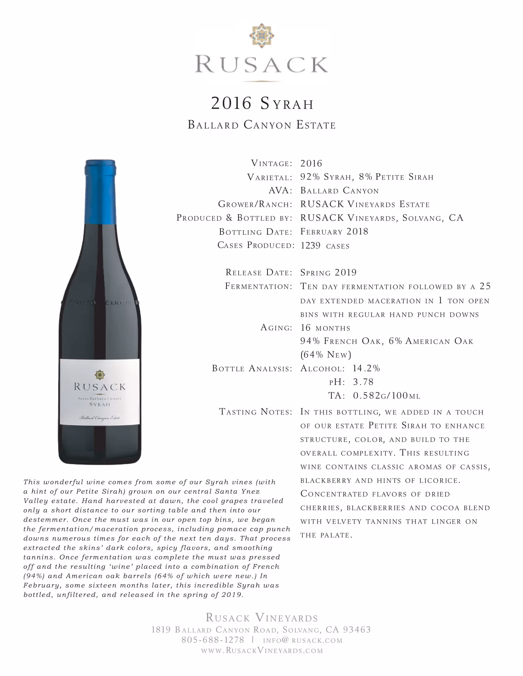 Rusack Vineyards Syrah Ballard Canyon Estate Tech Sheets preview