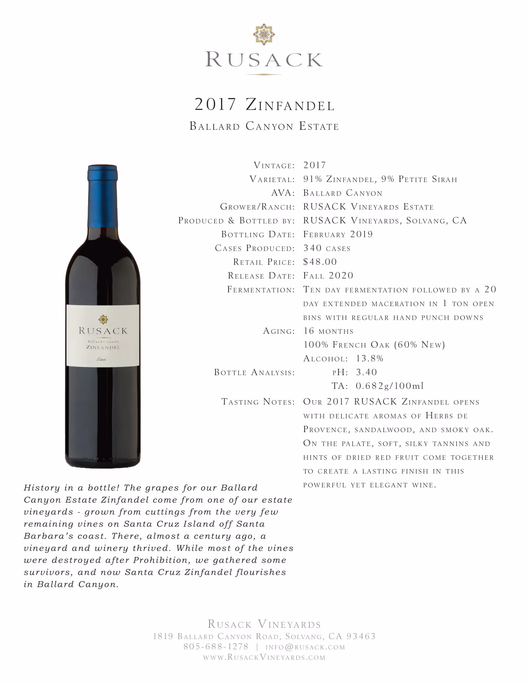 Rusack Vineyards Zinfandel Ballard Canyon Estate Tech Sheets preview