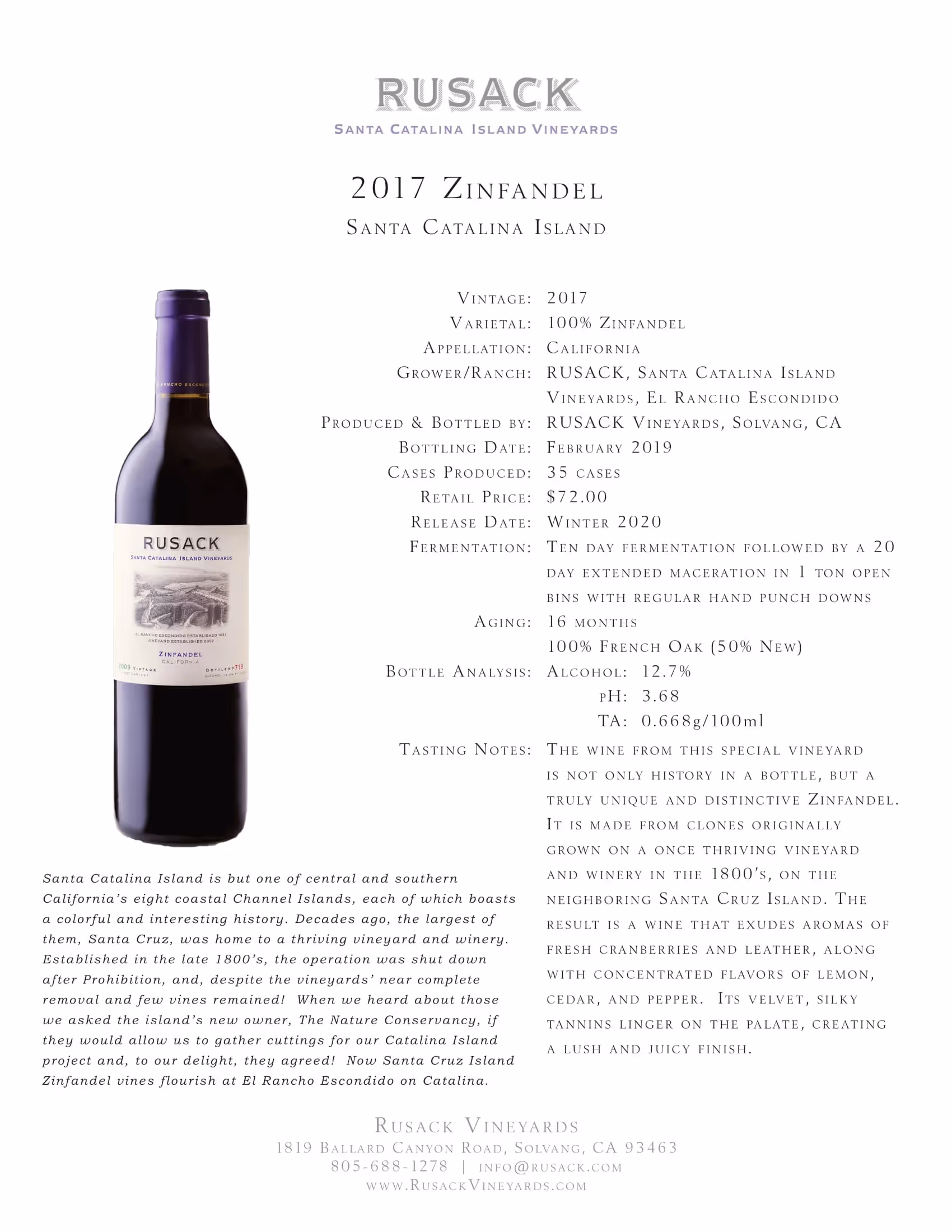 Rusack Vineyards Zinfandel Santa Catalina Island Tech Sheets preview