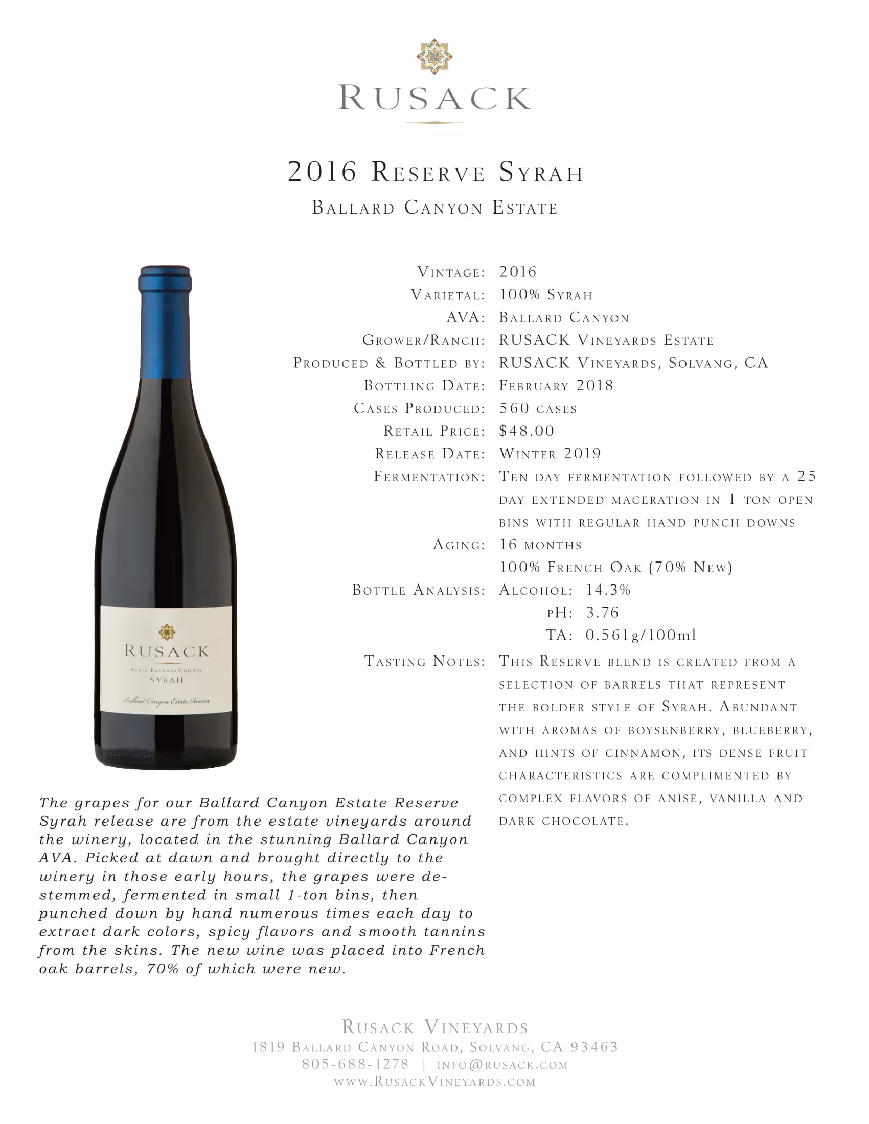 Ruscak Vineyards Syrah Ballard Canyon Estate Reserve Sell Sheet preview