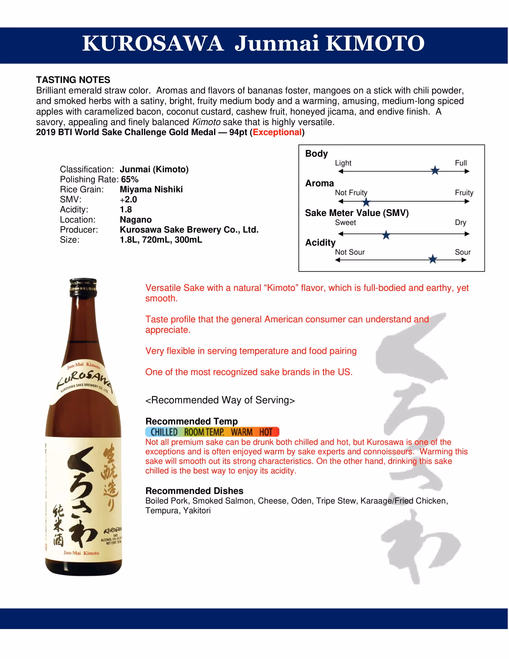 Kurosawa Sake Junmai Kimoto Tech Sheets preview