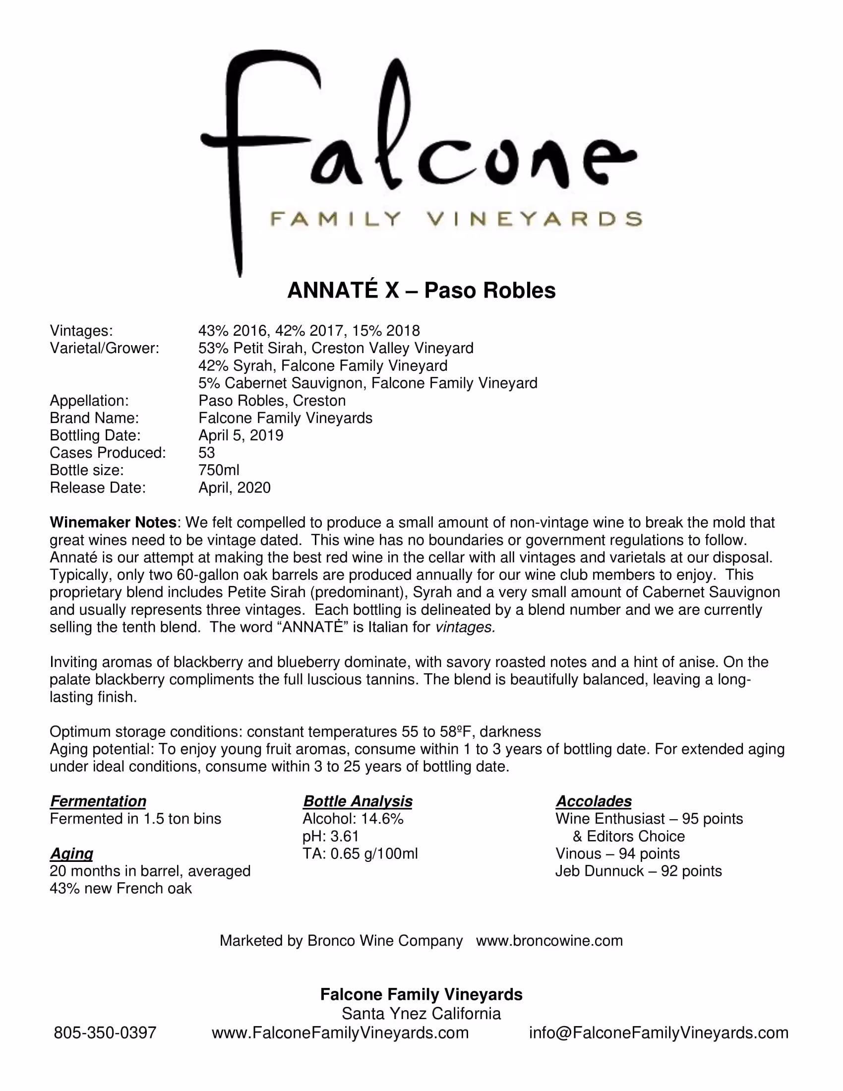 Falcone Family Vineyards Annaté Tech Sheets preview
