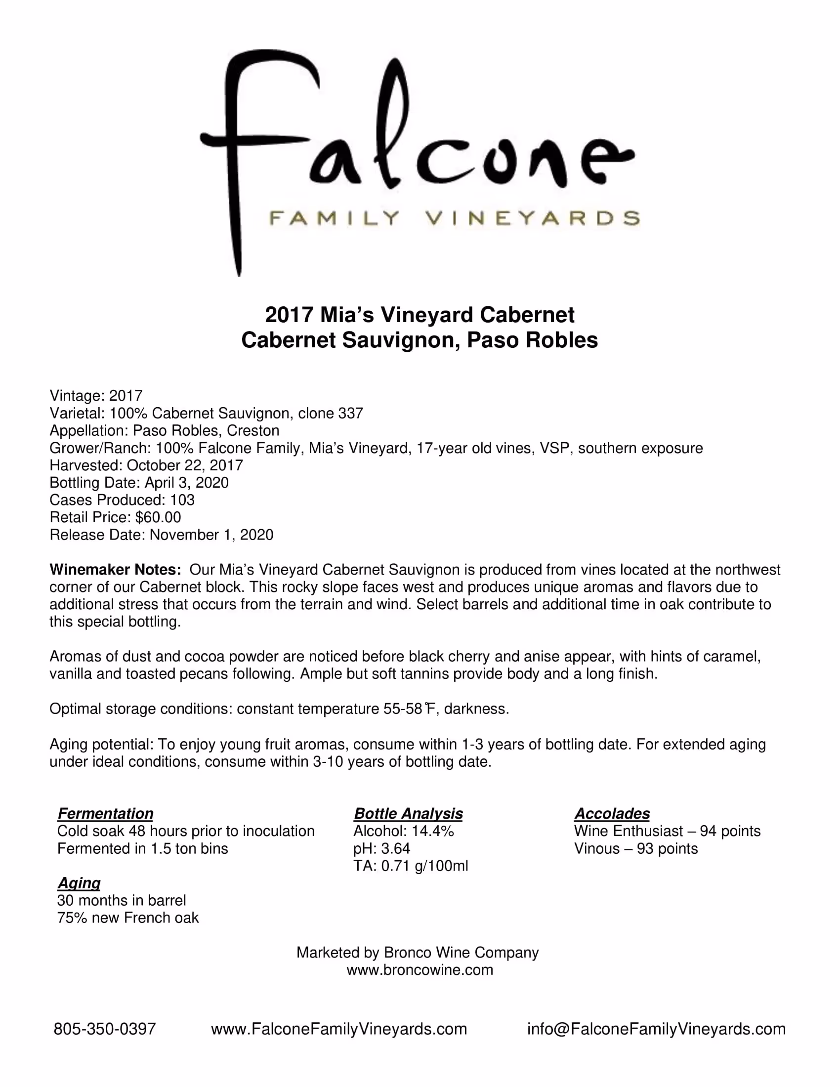 Falcone Family Vineyards Cabernet Sauvignon Mia's Vineyard Tech Sheets preview
