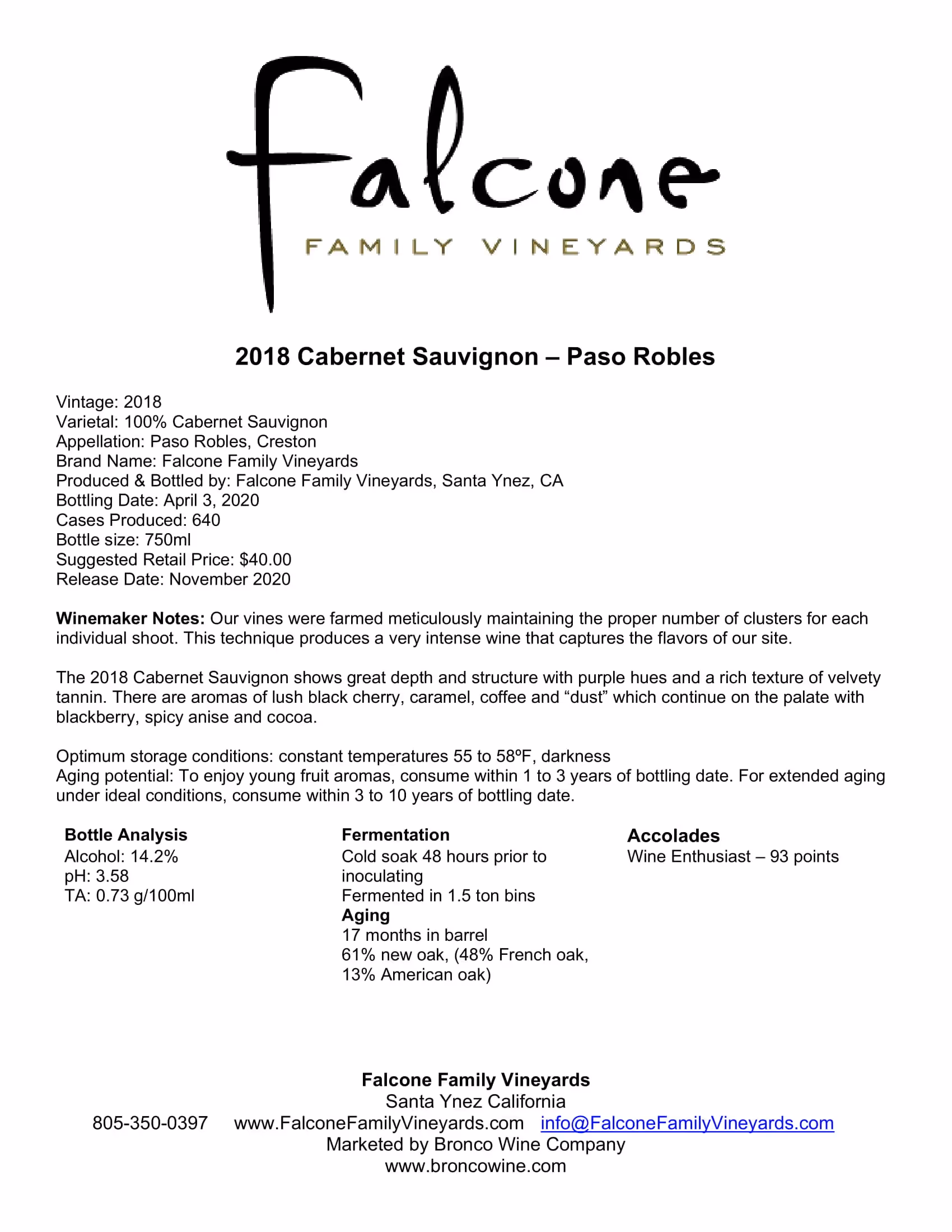 Falcone Family Vineyards Cabernet Sauvignon Tech Sheets preview