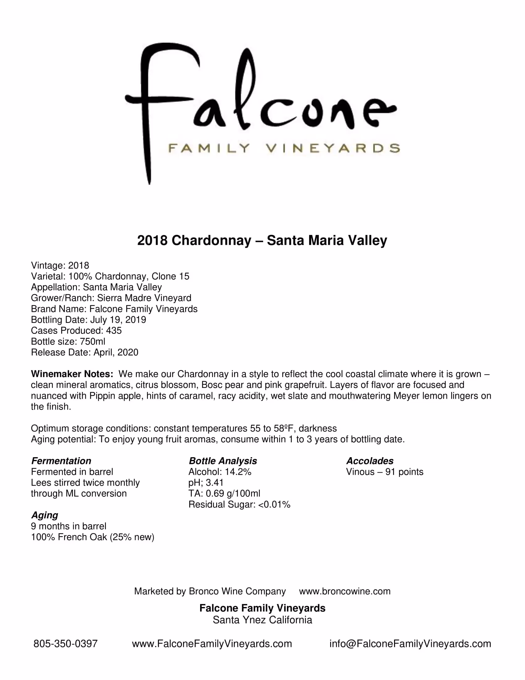 Falcone Family Vineyards Chardonnay Tech Sheets preview