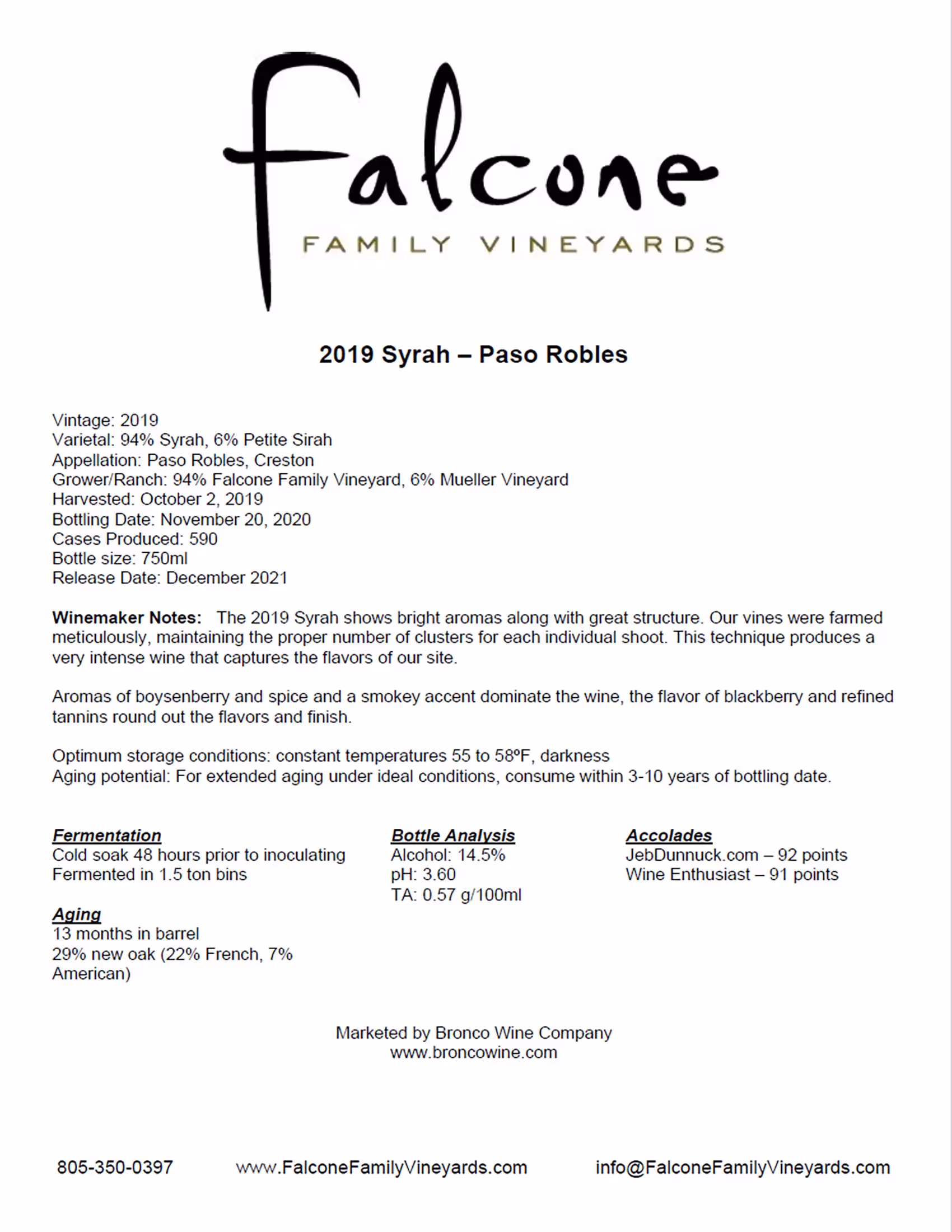 Falcone Family Vineyards Syrah Tech Sheets preview