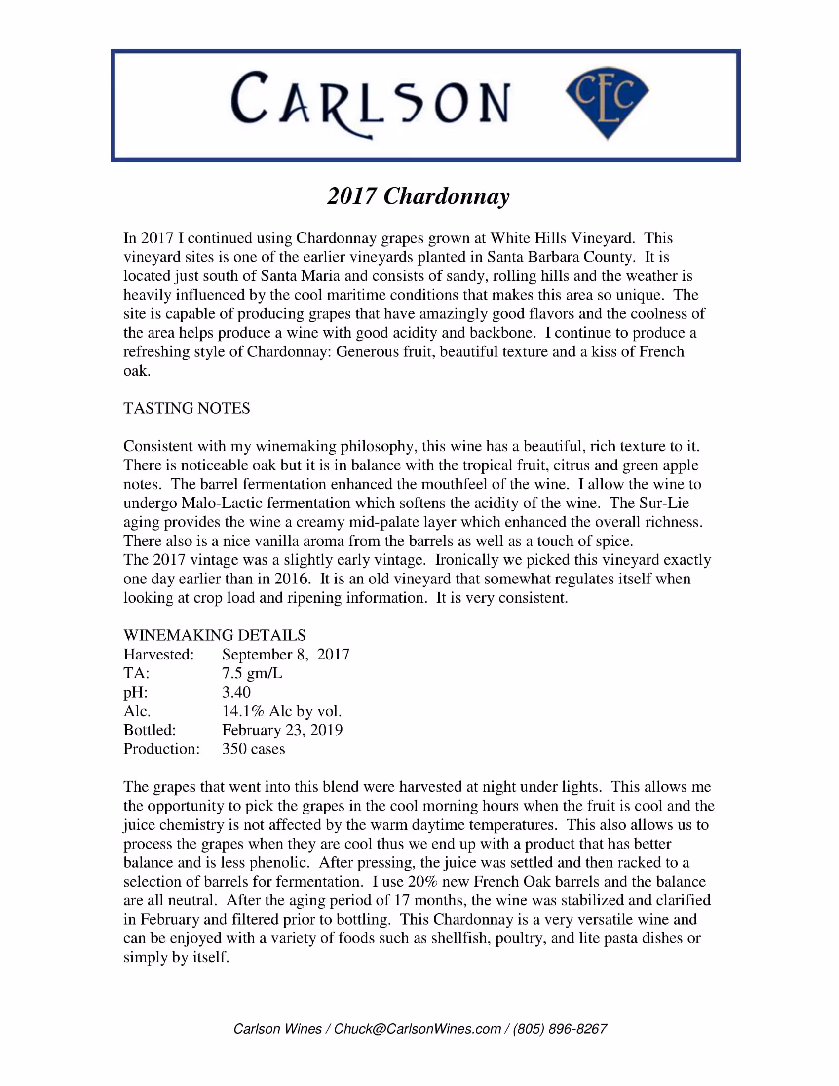Carlson Chardonnay Tech Sheets preview